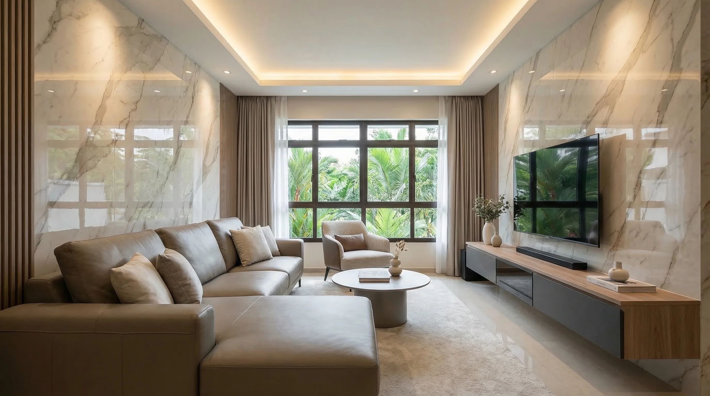 Bartley GreenRise living room with marble-look sintered stone luxury