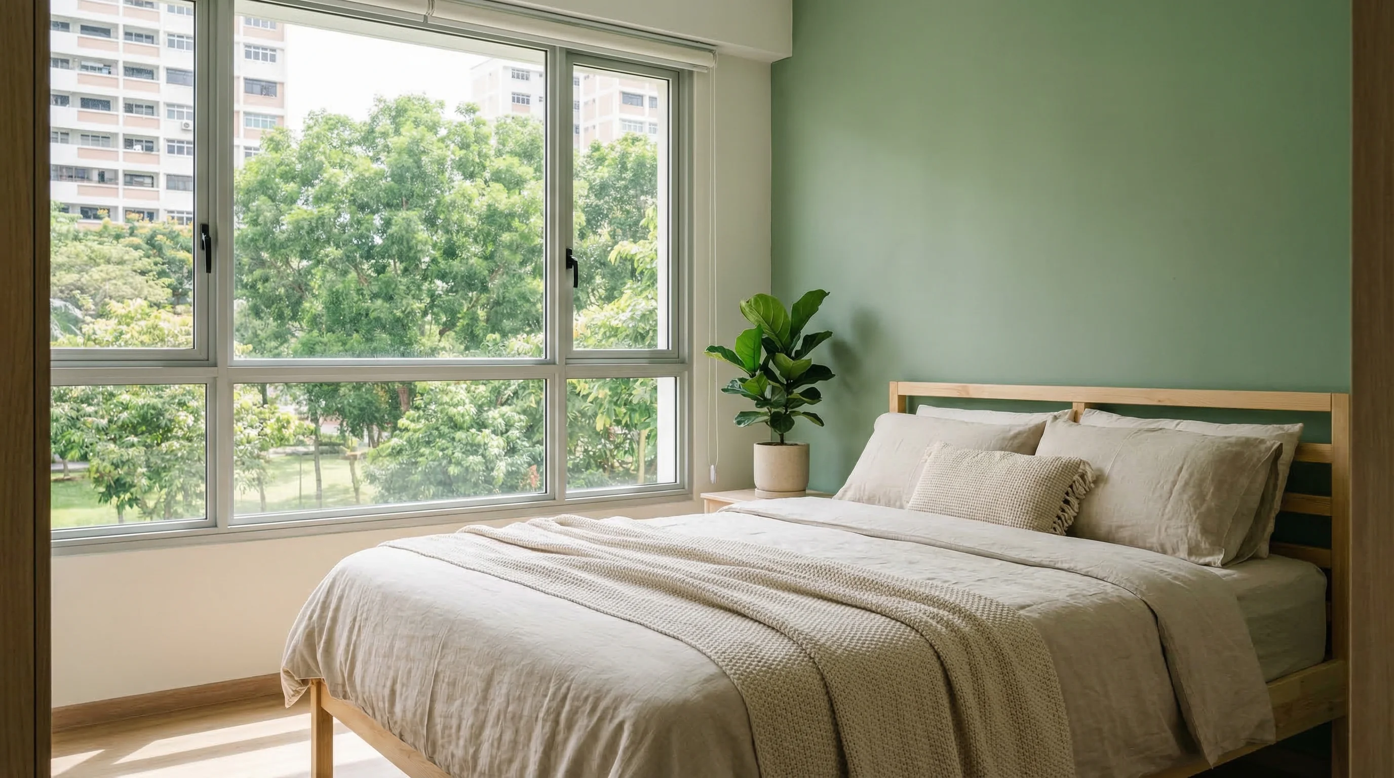 Bartley GreenRise bedroom with park greenery views and sage green accents