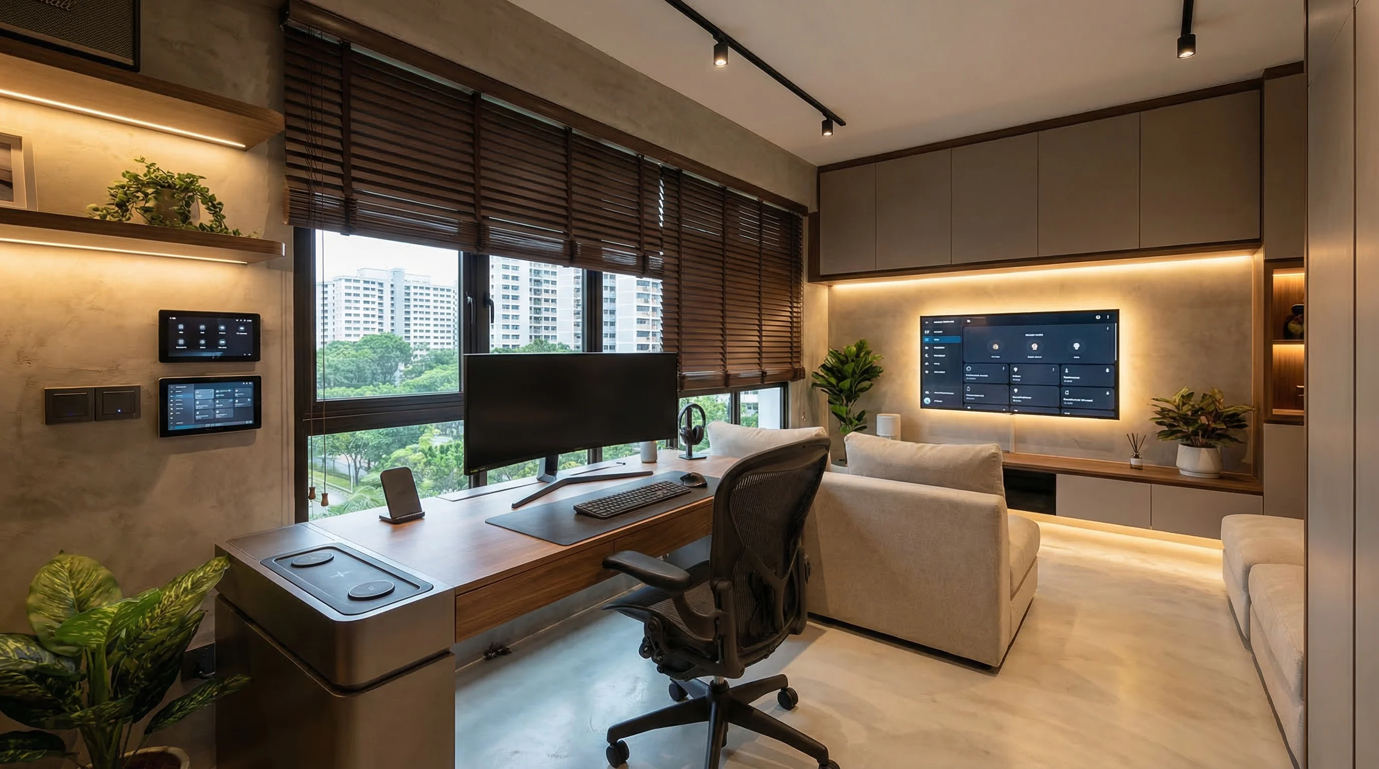 Bishan Ridges smart home room with integrated tech hub and motorized blinds
