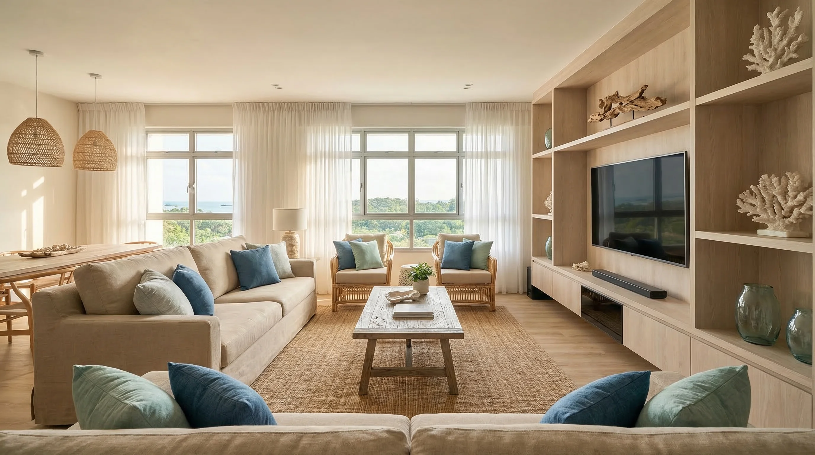 Costa Grove living room with coastal-inspired sandy neutrals, rattan furniture, and ocean-blue accents