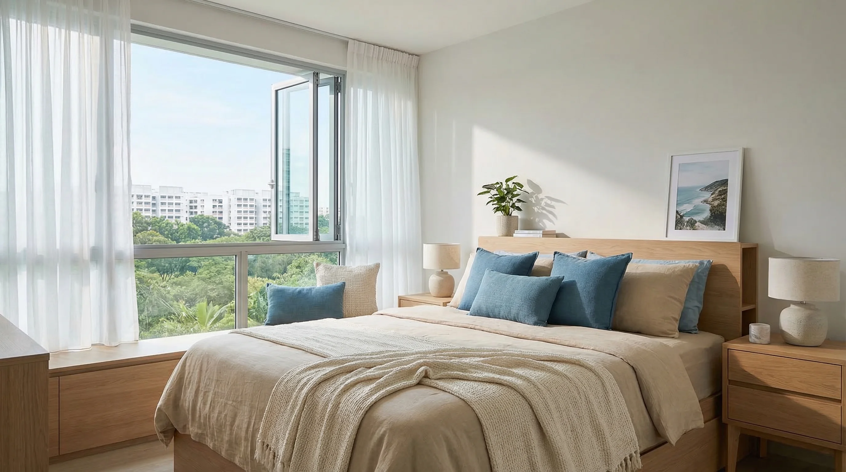 Costa Grove bedroom with sheer curtains catching coastal breeze and soft natural light