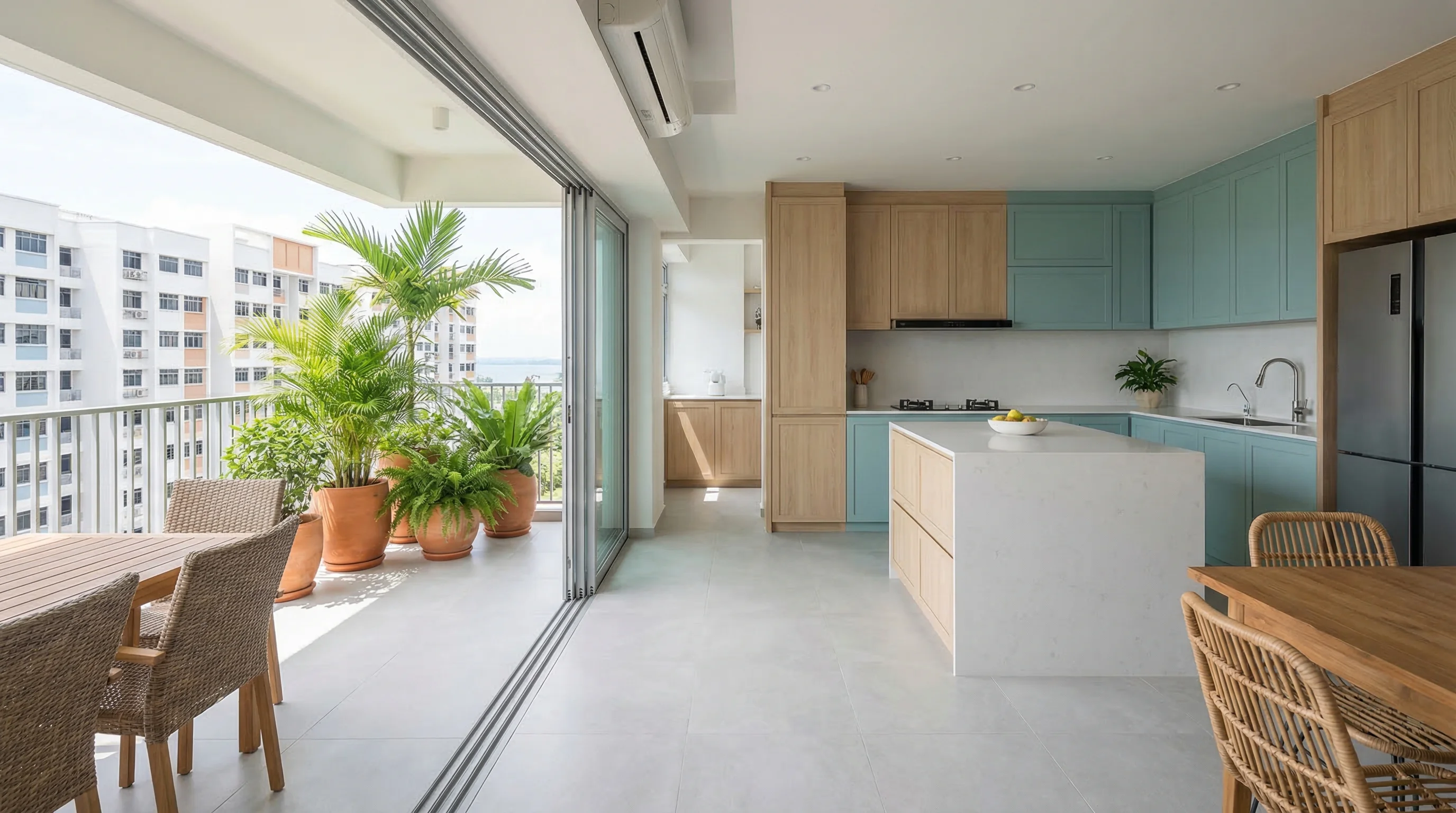 Costa Grove kitchen with seamless indoor-outdoor balcony transition