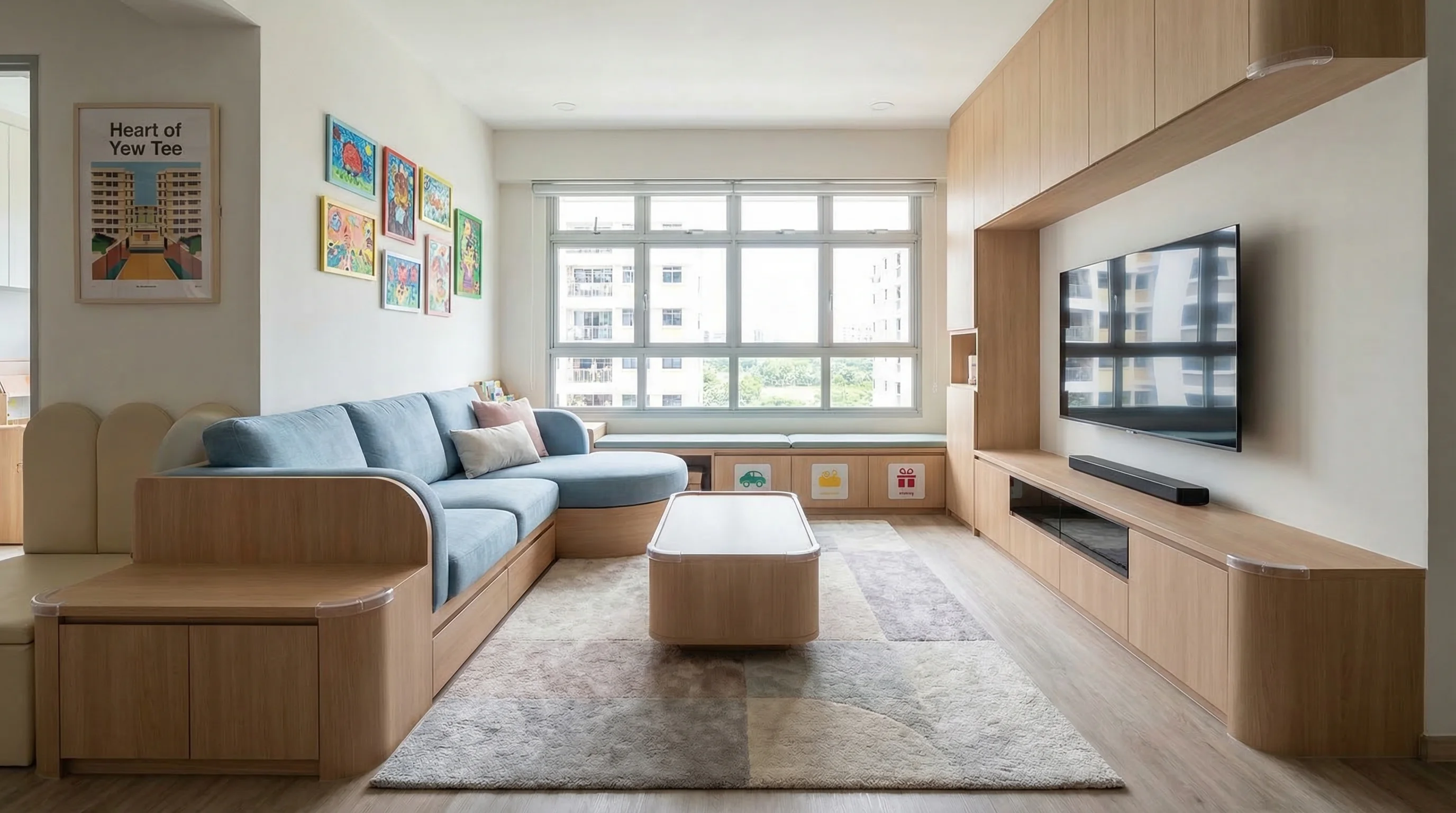 Heart of Yew Tee play-ready living room with child-safe rounded furniture