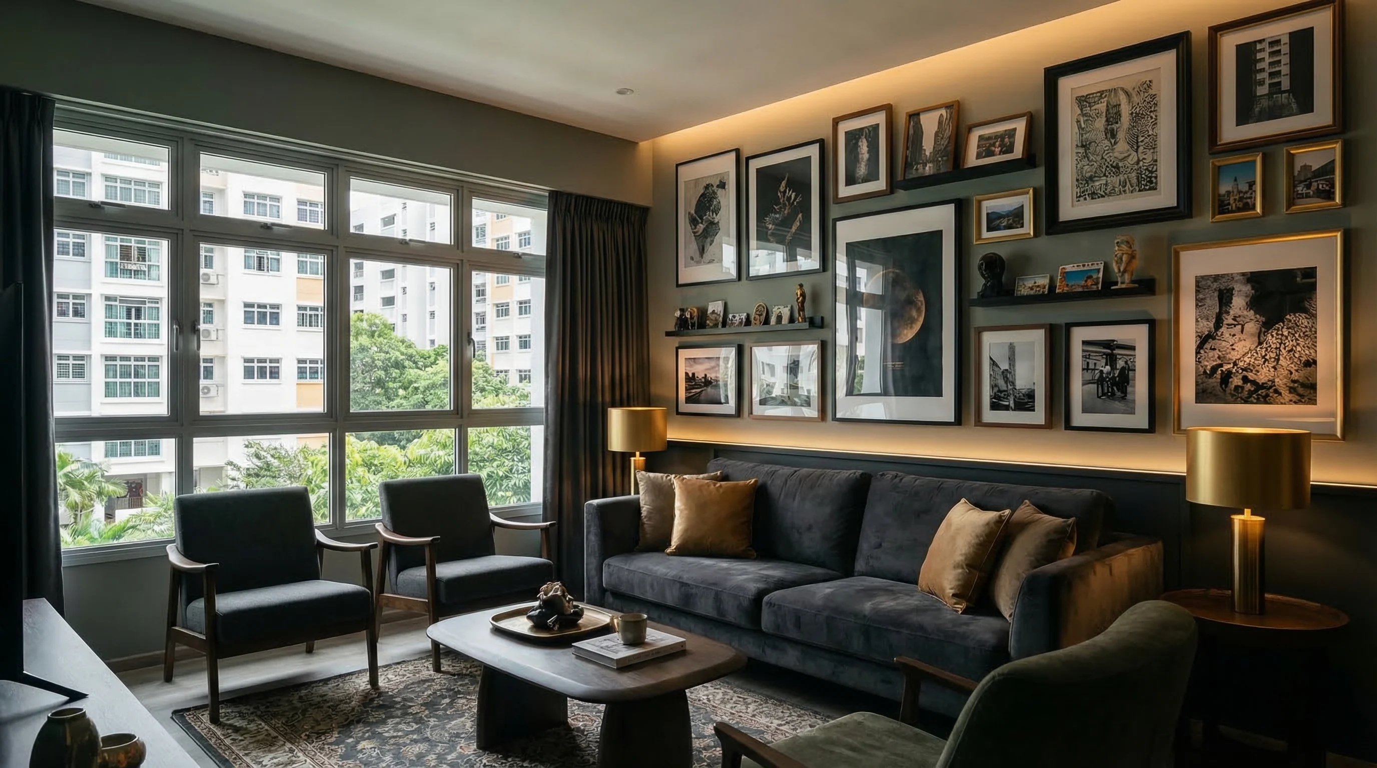 Kovan Wellspring living room with curated gallery wall and artsy urban aesthetic