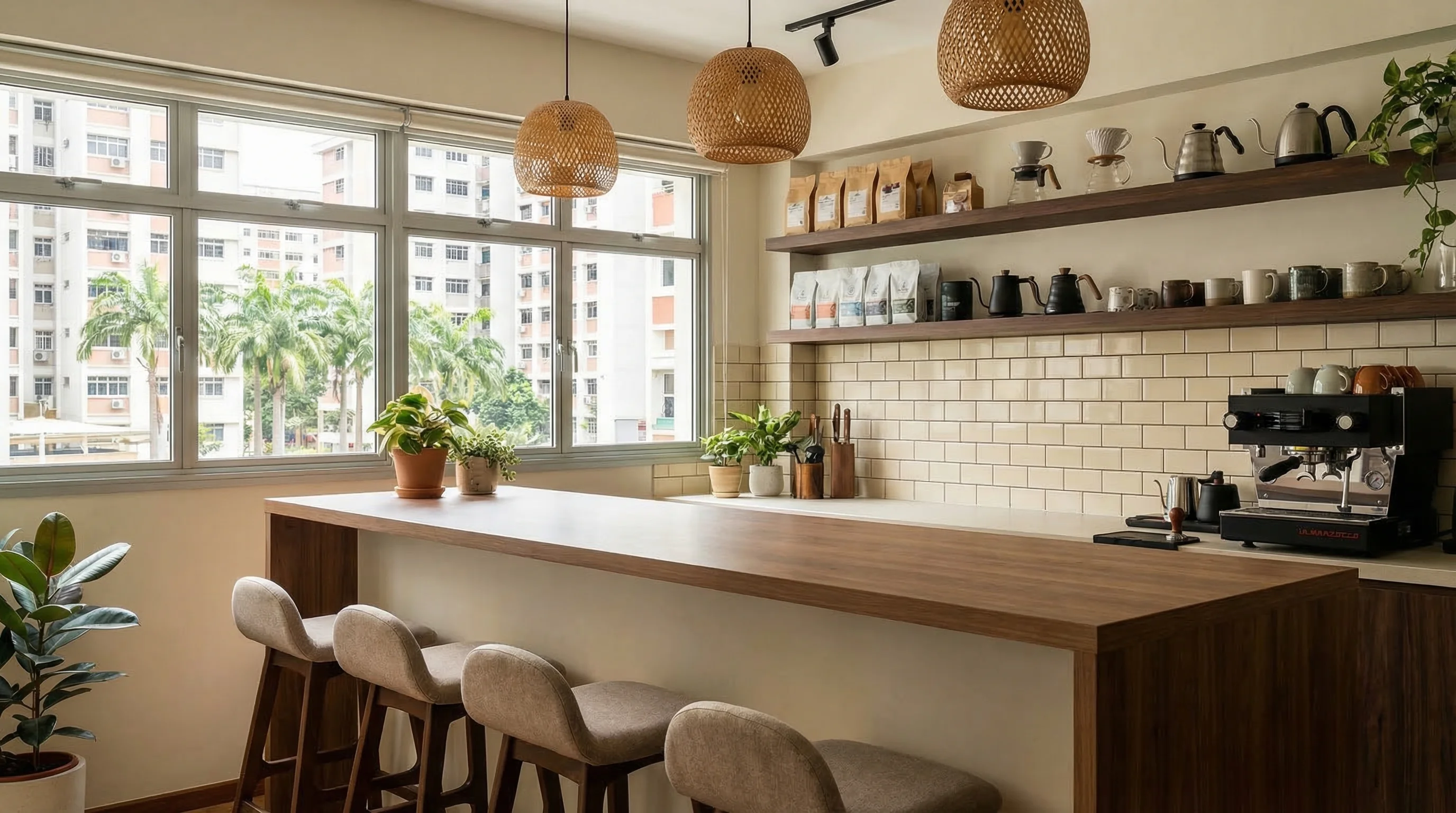 Kovan Wellspring cafe-culture kitchen with bar seating and subway tile backsplash