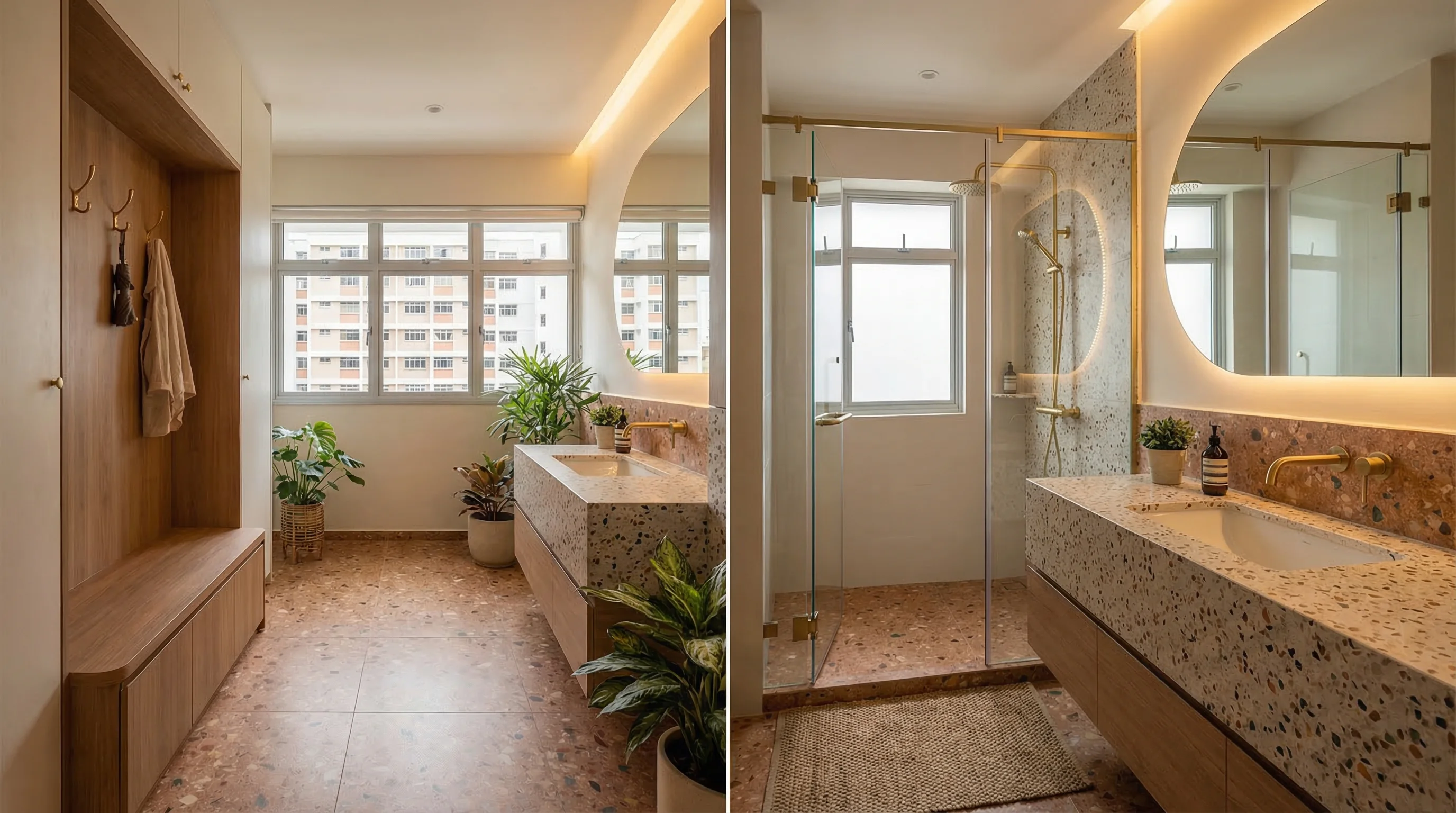 Kovan Wellspring bathroom with terrazzo revival flooring and brass fixtures