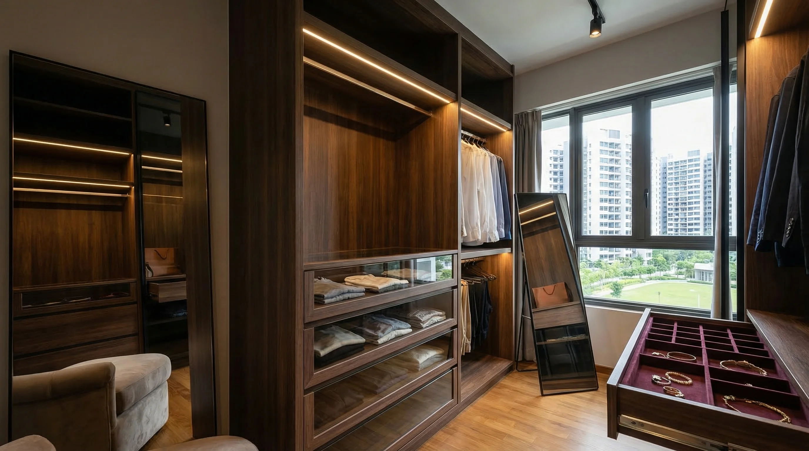 ParkEdge Bidadari luxurious walk-in wardrobe conversion with LED lighting