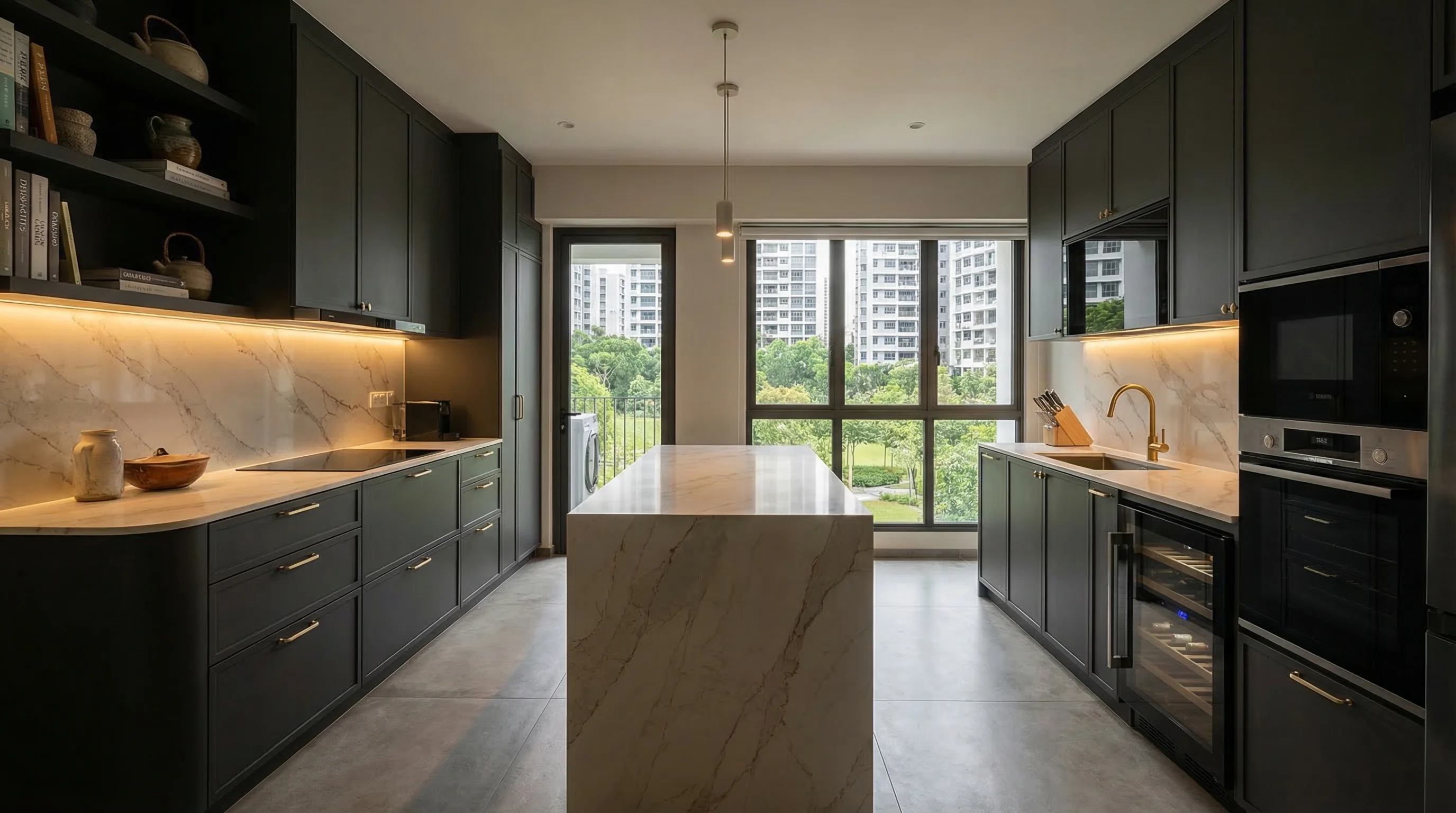 ParkEdge Bidadari premium kitchen with dark cabinetry and marble countertops