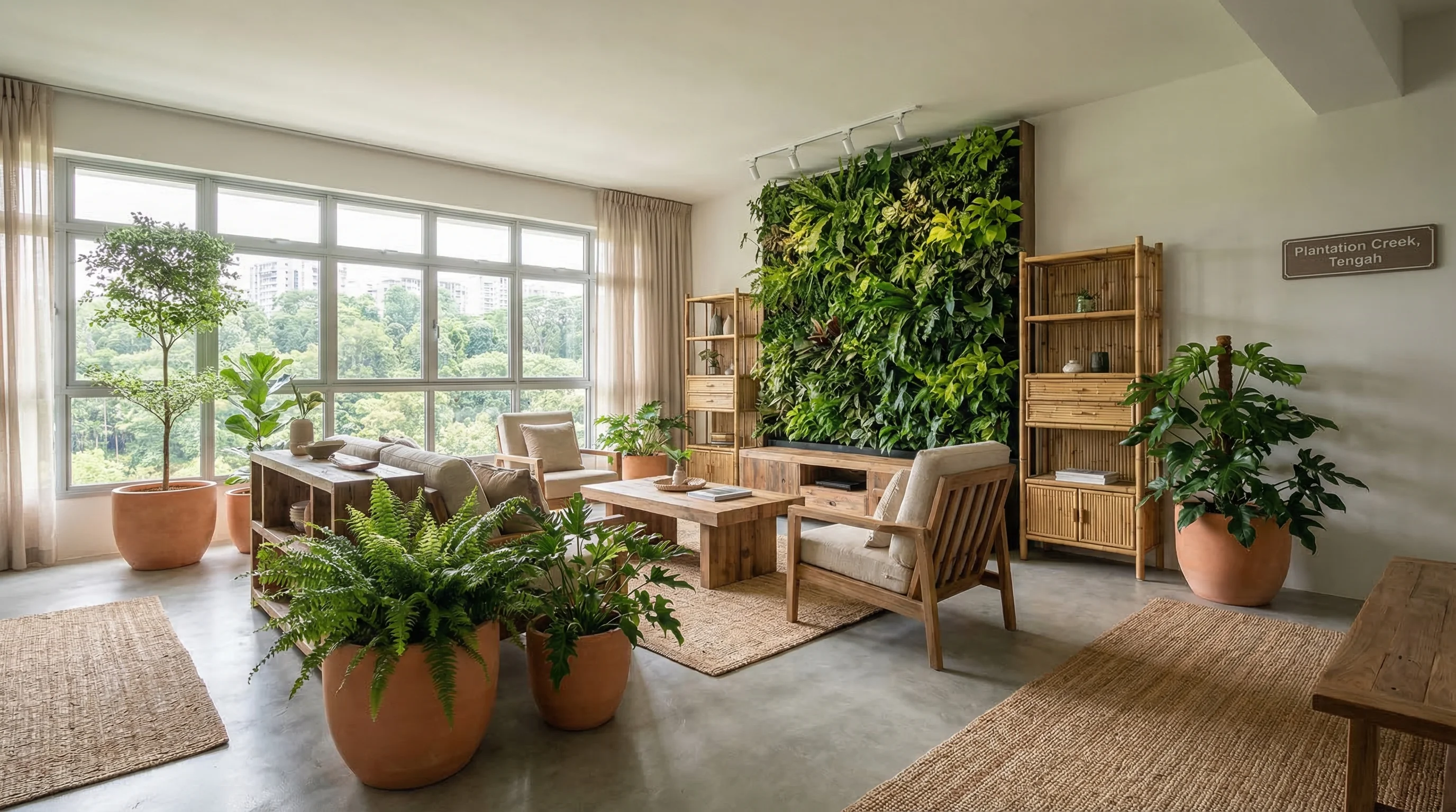 Plantation Creek living room with biophilic design, living wall, and sustainable materials