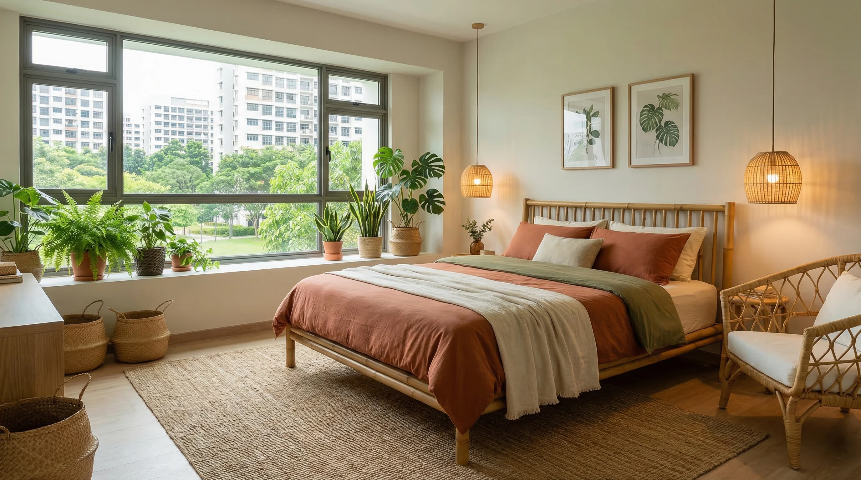 Plantation Creek bedroom with eco-modern design and lush green town views