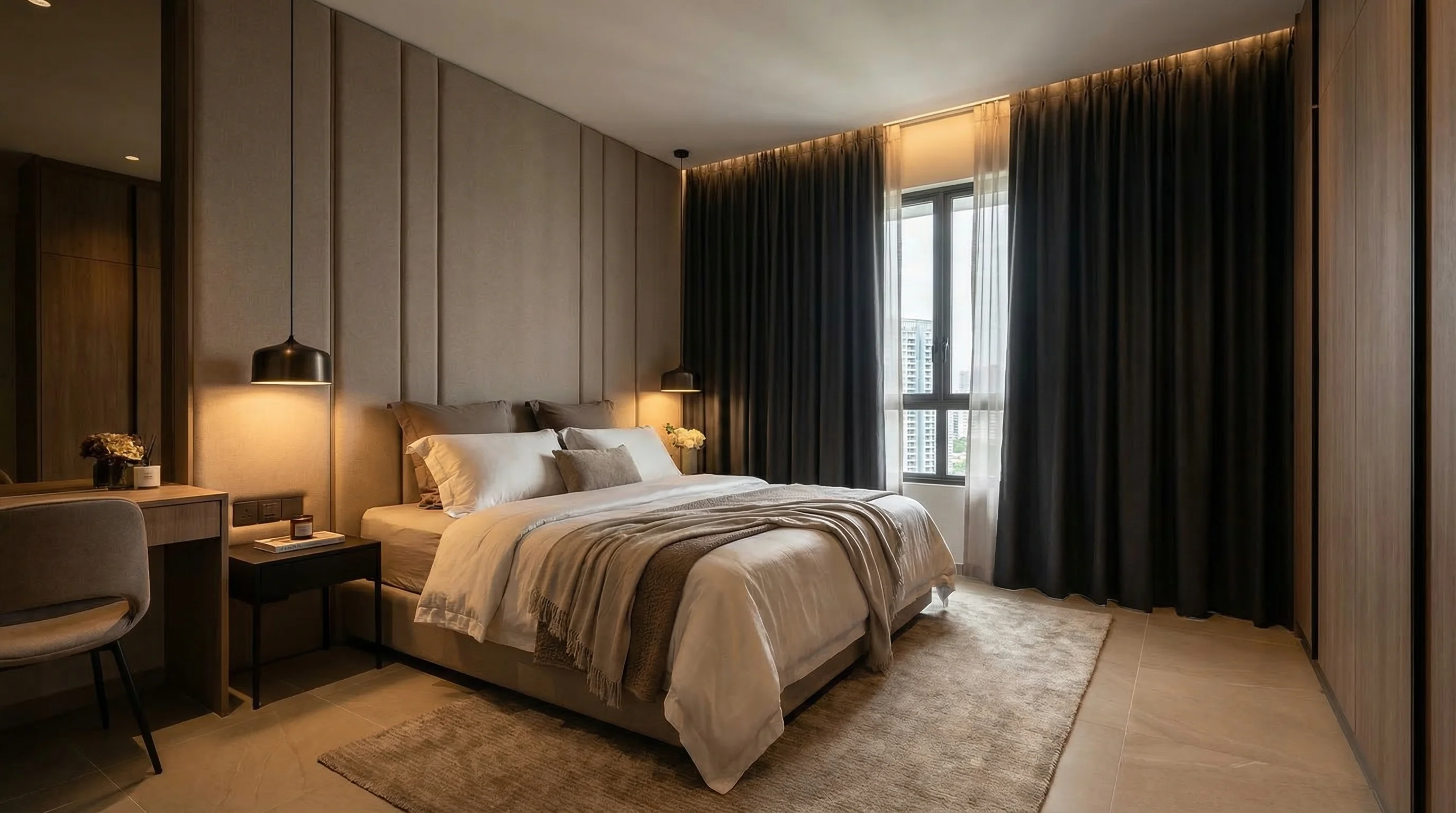 Sun Plaza Spring hotel-suite master bedroom with padded headboard and pendant lighting