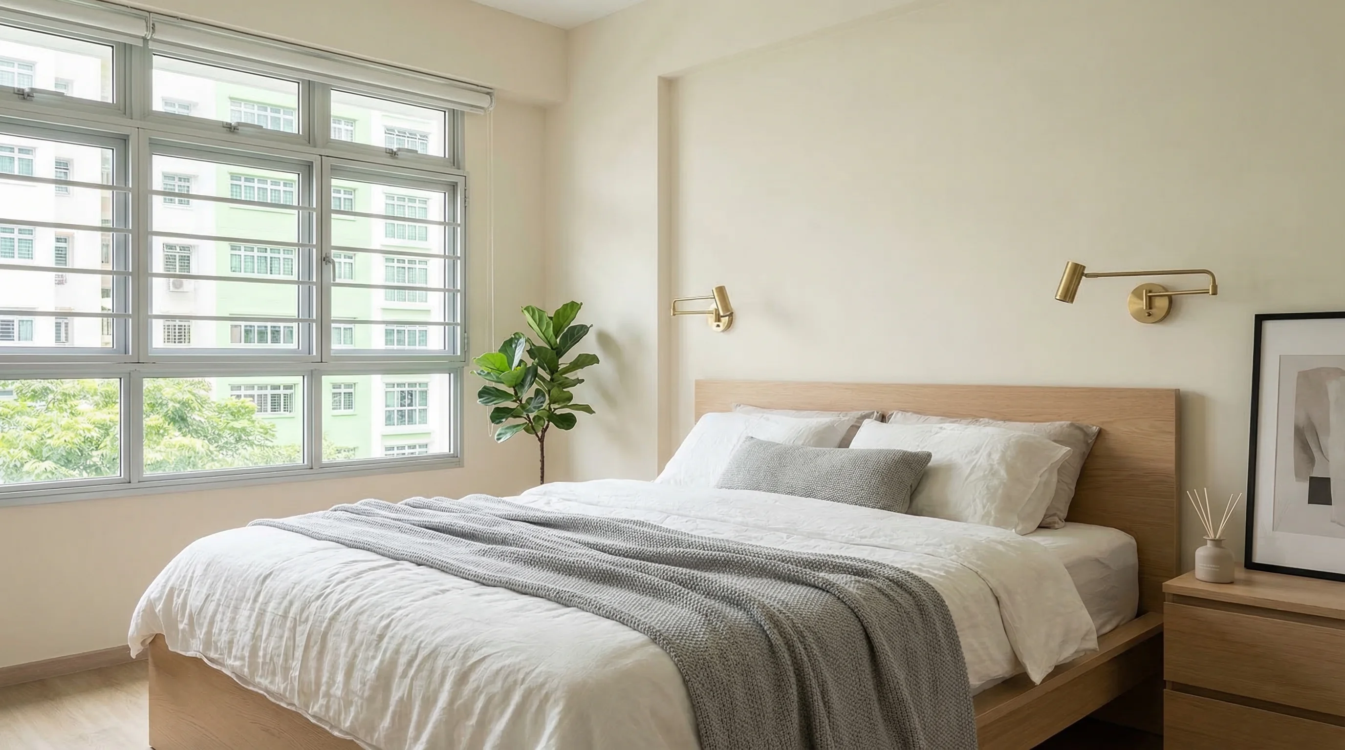 Tampines GreenQuartz Nordic minimalist bedroom with light oak and white linen