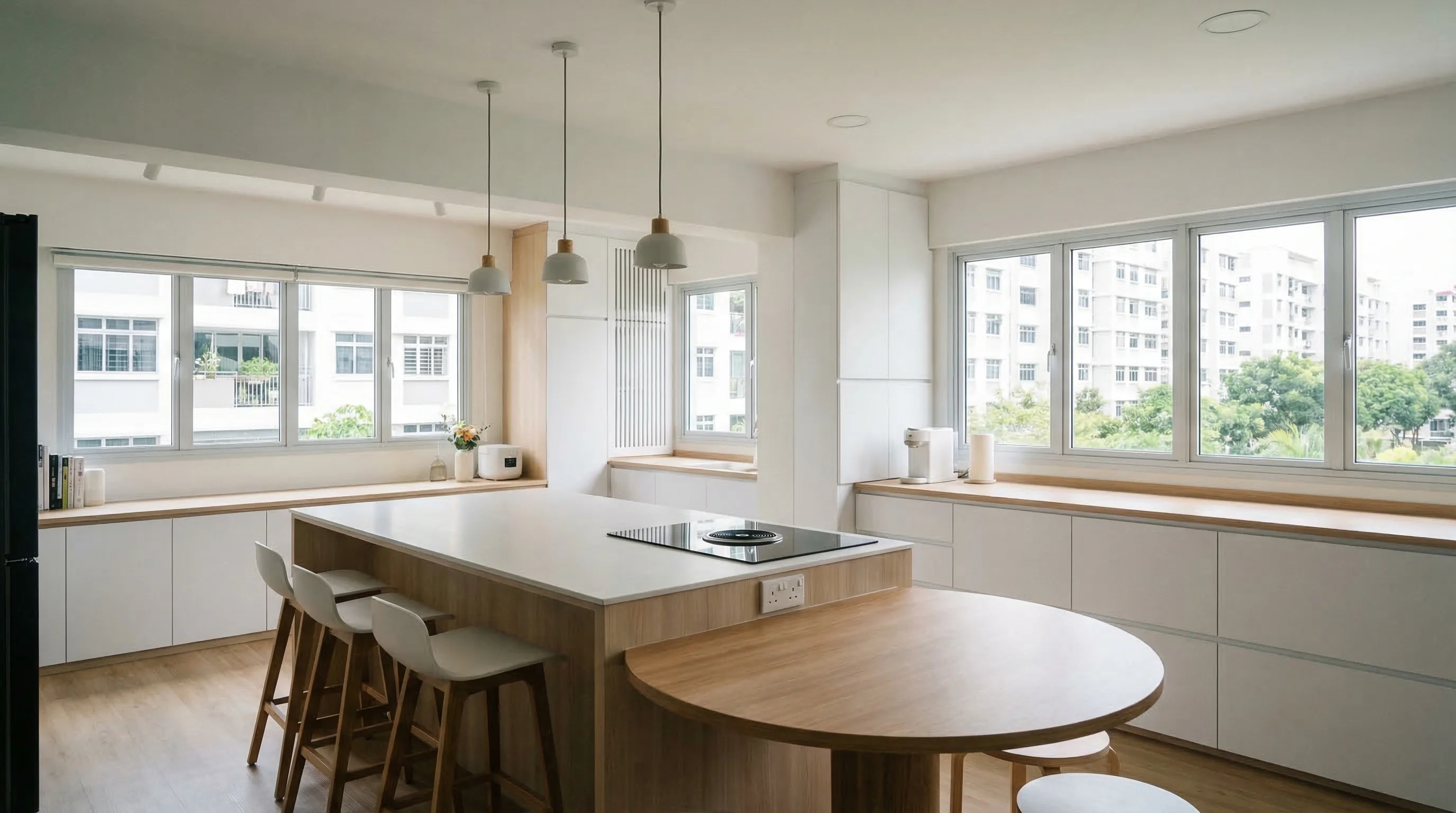 Tampines GreenQuartz open-concept kitchen with island counter and Scandinavian cabinetry
