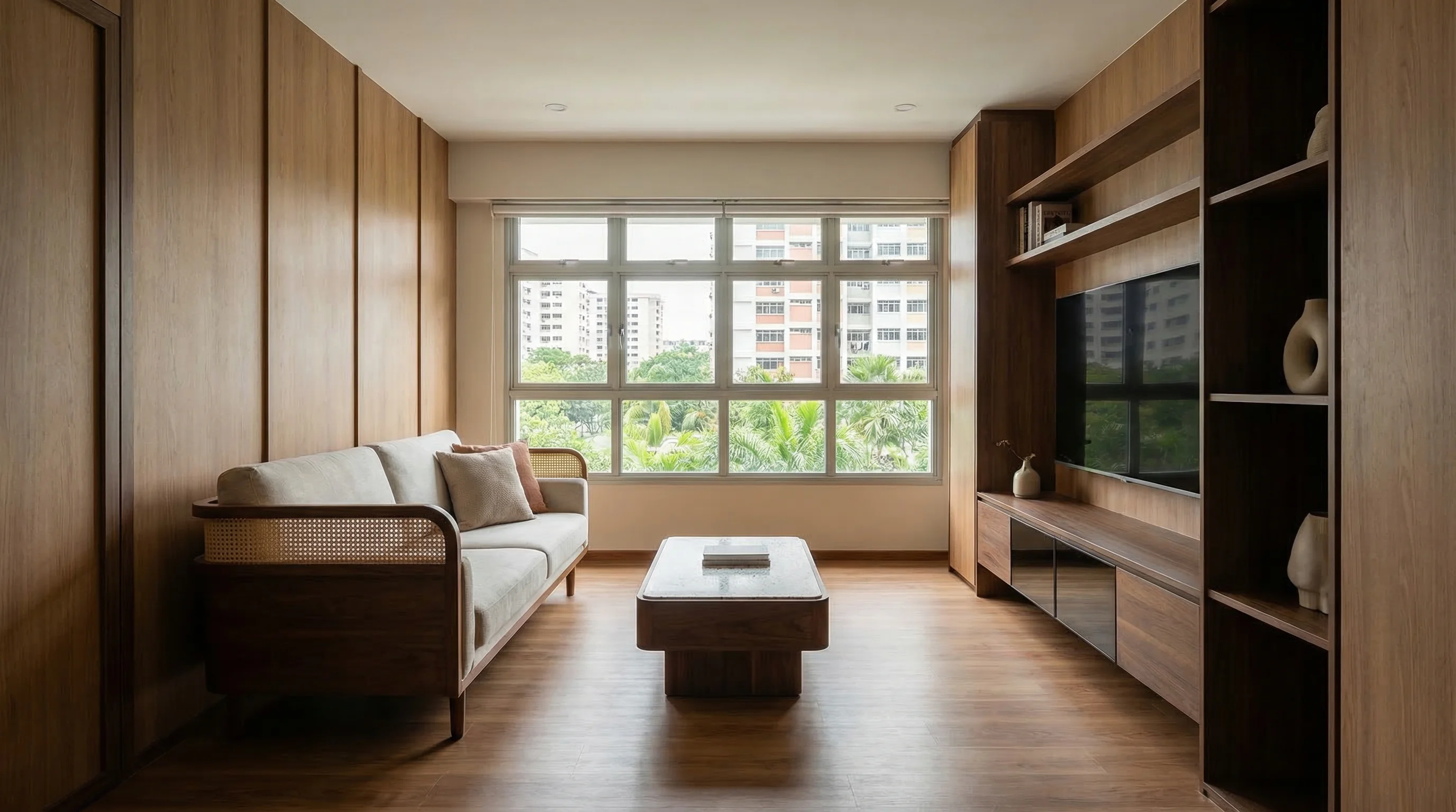 Tanjong Tree Residences living room with warm timber and heritage-modern design