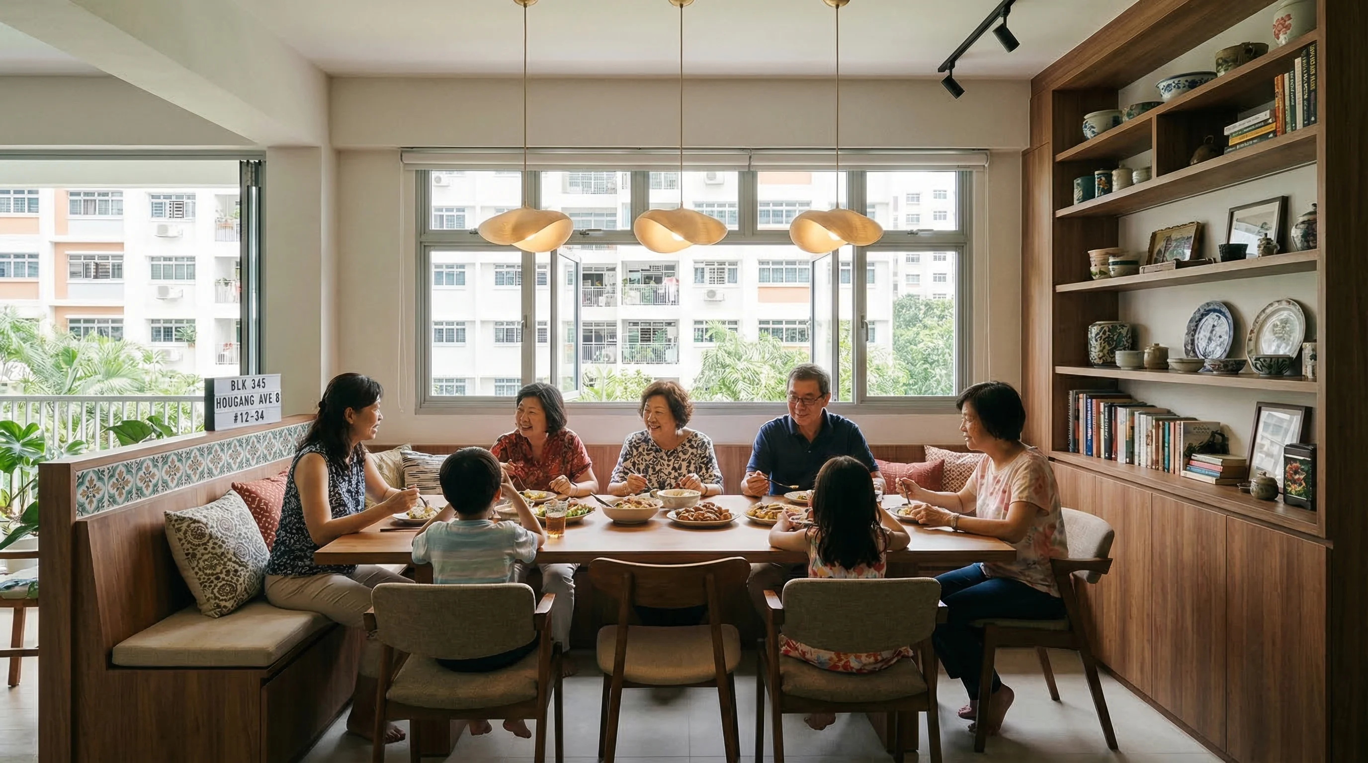 Tanjong Tree Residences dining area with bench seating and pendant lighting