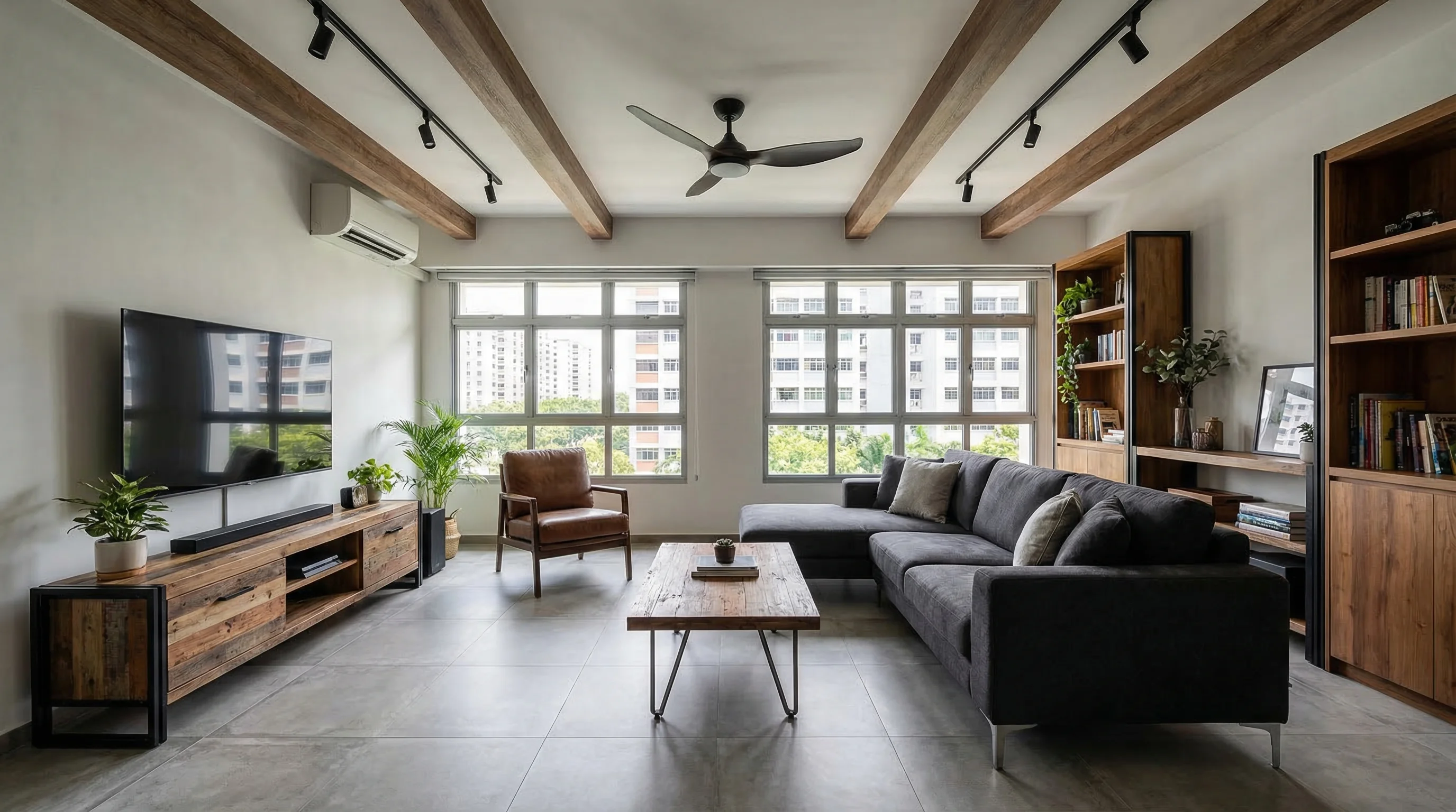 UrbanVille Woodlands living room with urban loft aesthetic and industrial-modern design