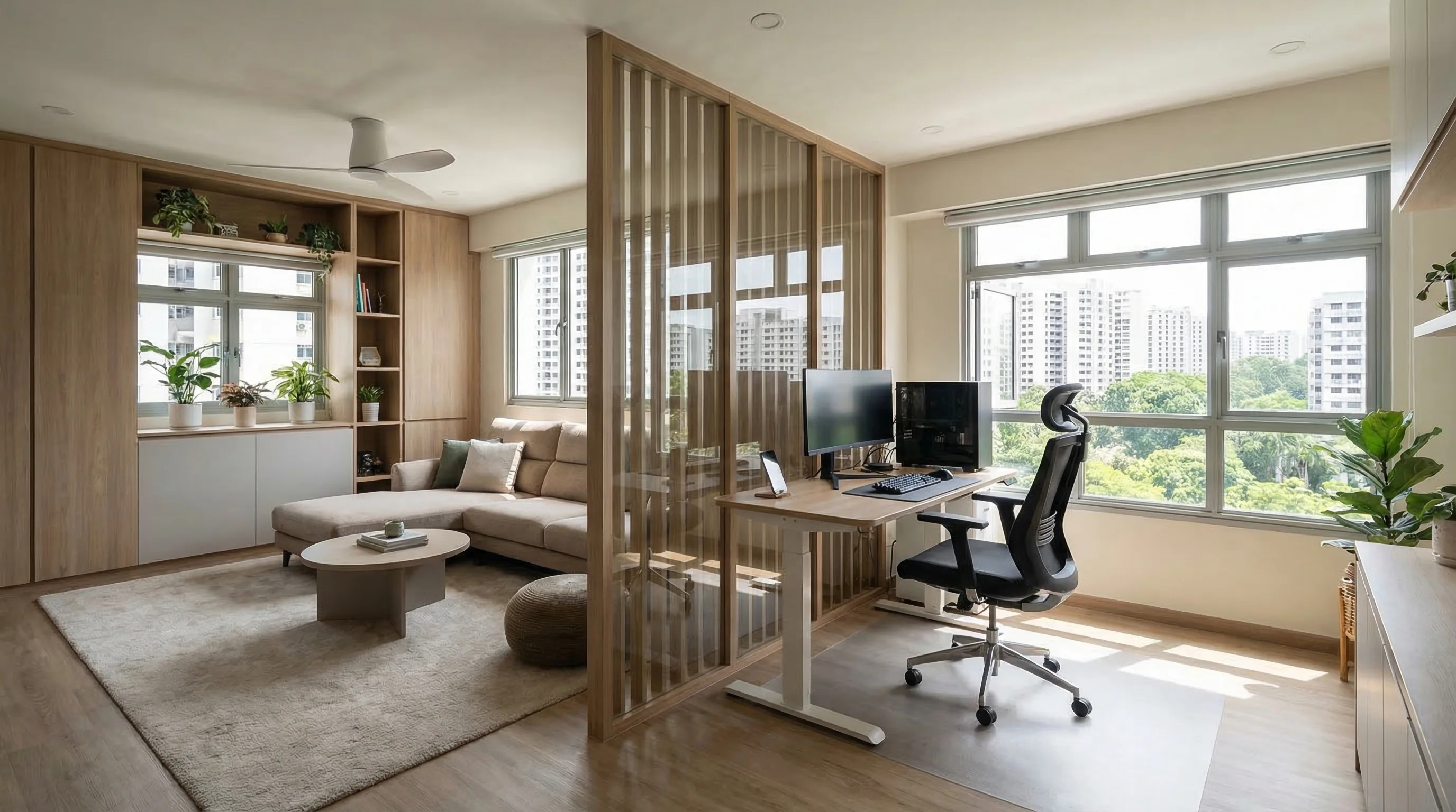 UrbanVille Woodlands dual-zone living room with lounge and work-from-home nook