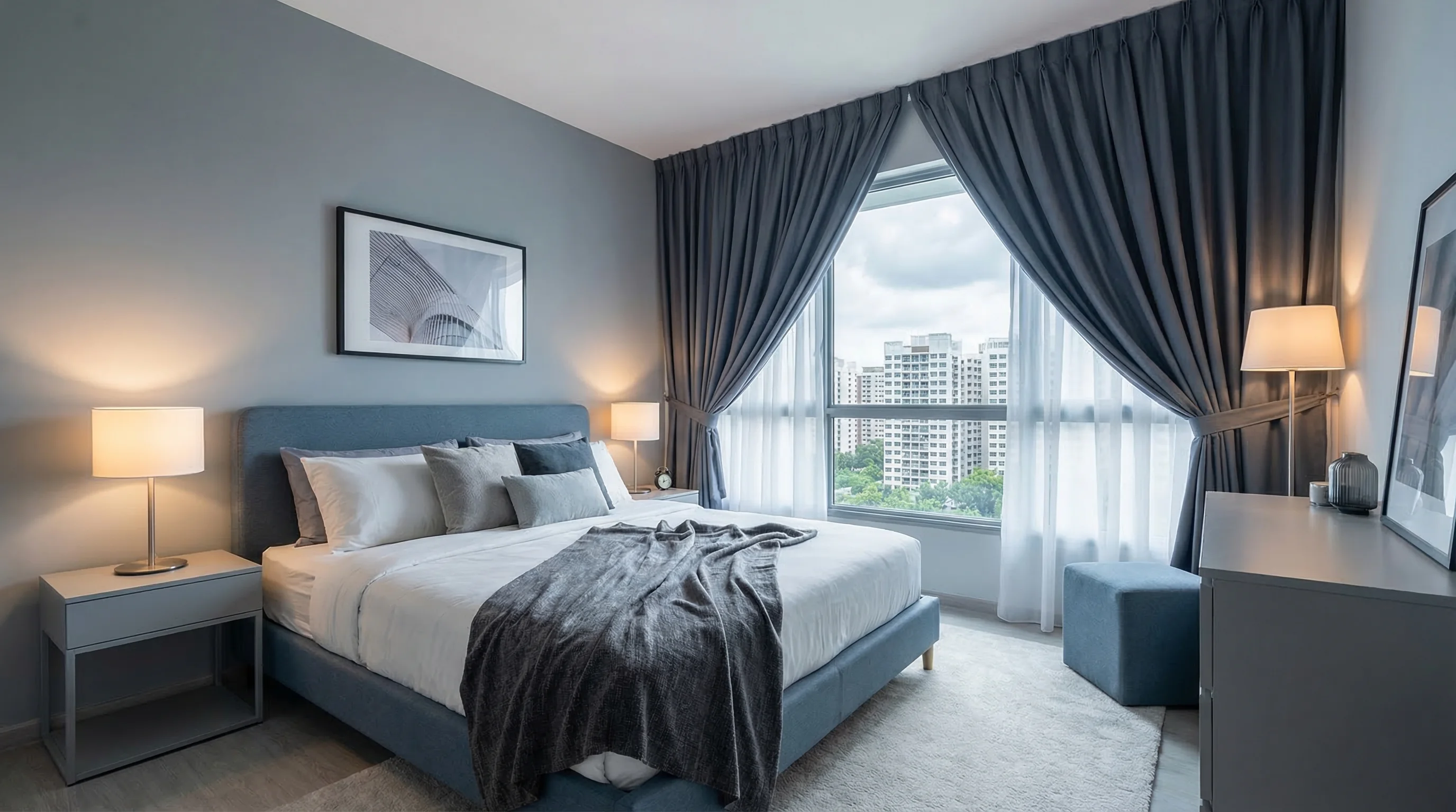 UrbanVille Woodlands bedroom with cool-toned sanctuary palette