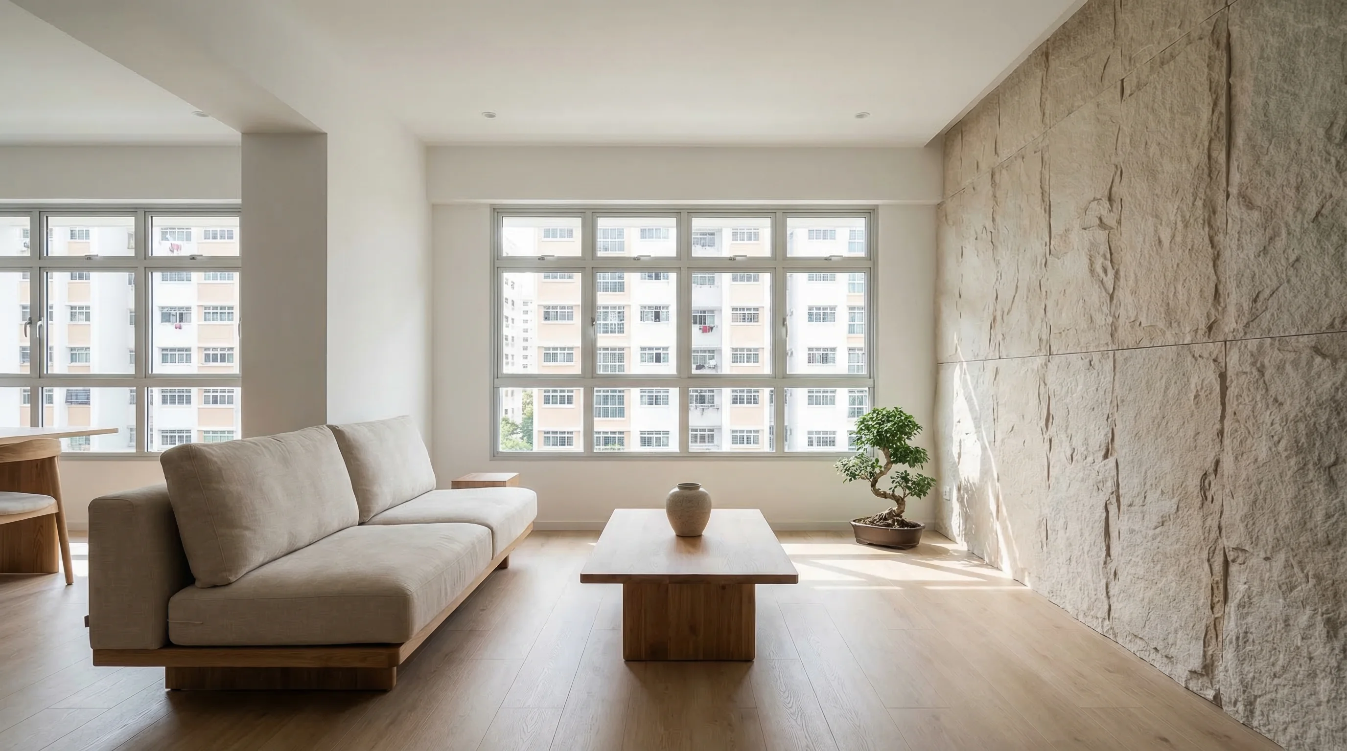 Yishun Beacon living room with serene minimalism in white, stone, and light wood