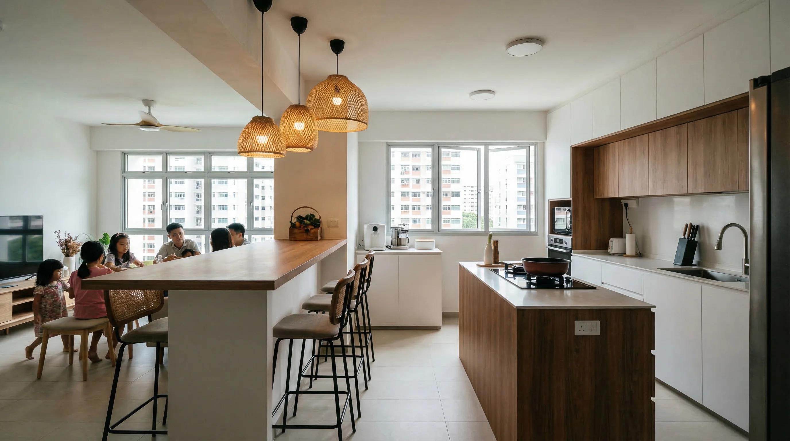 Yishun Beacon social kitchen with bar-height counter open to living room