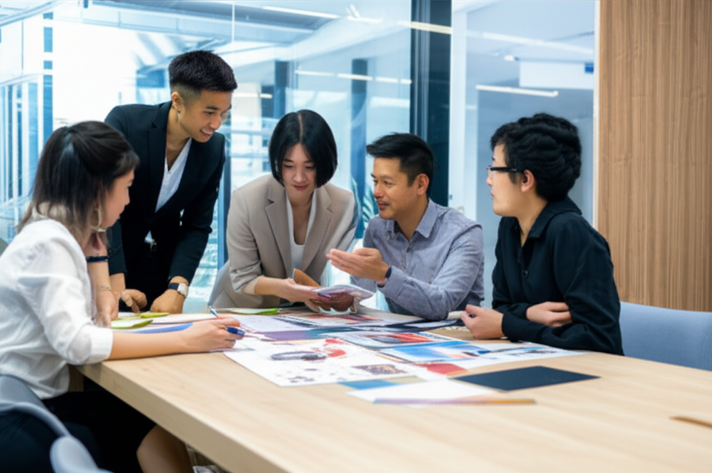 Professional photograph of a selection process for an interior designer in Singapore. Bright lighting. Focused group composition. Professional ambiance. No text or logos.