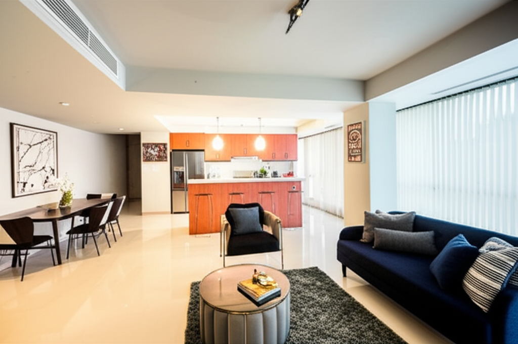 Professional photograph of a trendsetting condo interior in Singapore. Bright lighting. Wide-angle view. Stylish atmosphere. No text or logos.