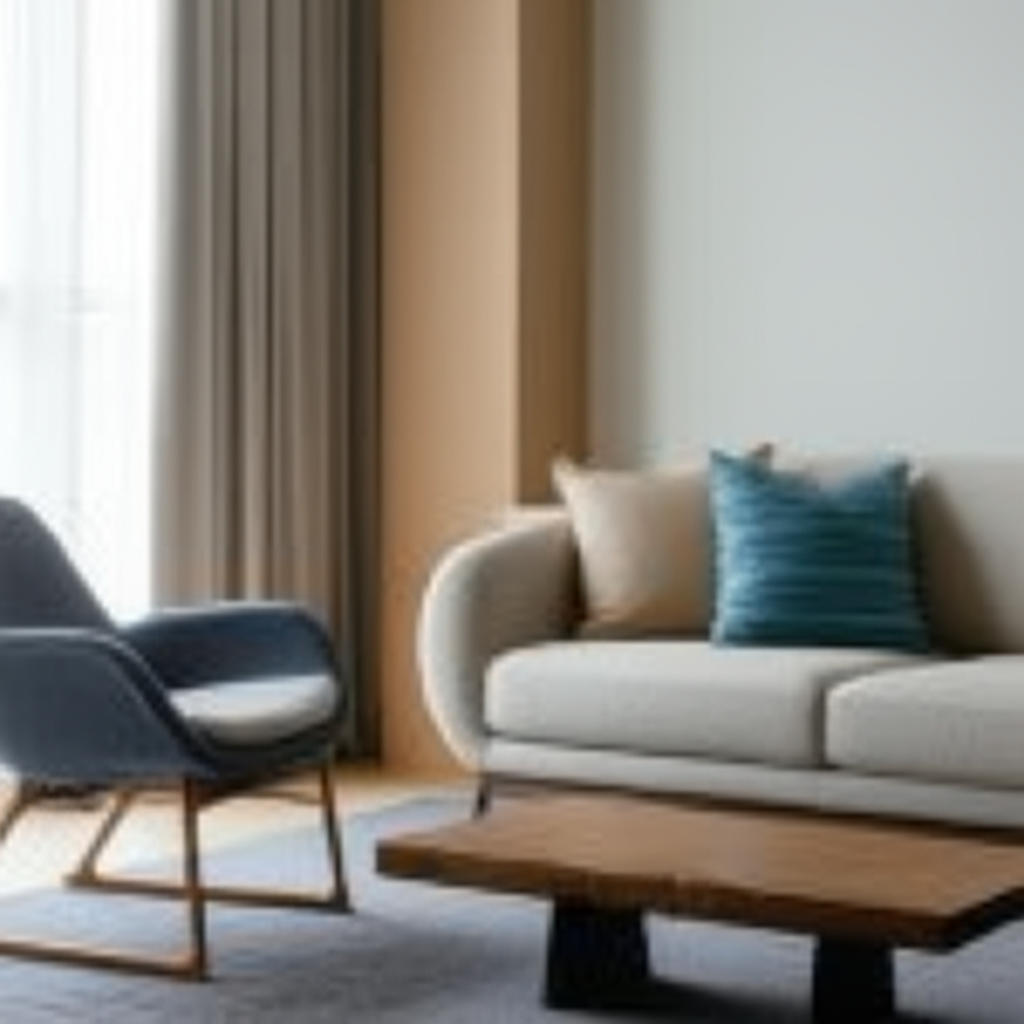 Professional photograph of a minimalist design condo in Singapore. Soft lighting. Simple composition. Calm atmosphere. No text or logos.