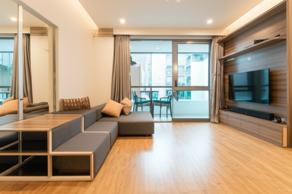 Professional photograph of a multi-functional furniture setup in a Singapore condo. Bright lighting. Functional layout. Cozy feel. No text or logos.