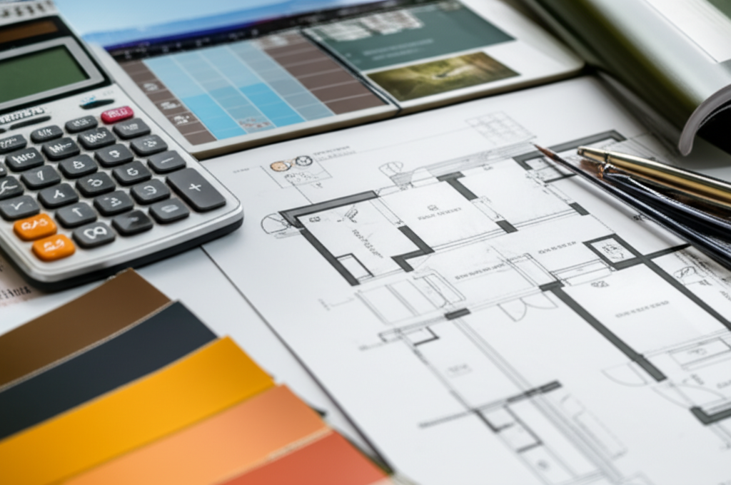 Professional photograph of budgeting tools and resources used for condo design in Singapore. Soft lighting. Organized composition. Financial planning mood. No text or logos.