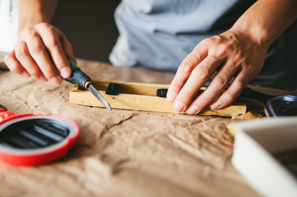 Professional photograph of a budget-friendly DIY project in a Singapore condo. Natural lighting. Hands-on composition. Creative atmosphere. No text or logos.