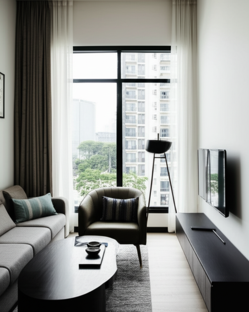 Professional photograph of trendy condo furniture in Singapore. Natural lighting. Varied composition. Modern feel. No text or logos.
