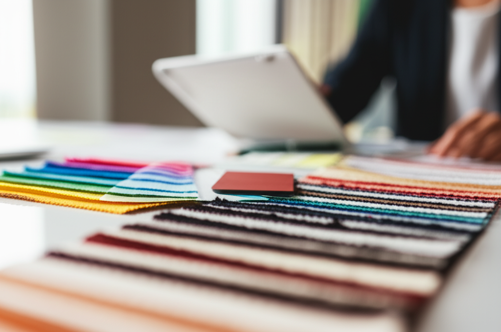 Professional photograph of a color palette consultation in a Singapore condo. Soft lighting. Close-up view. Thoughtful atmosphere. No text or logos.