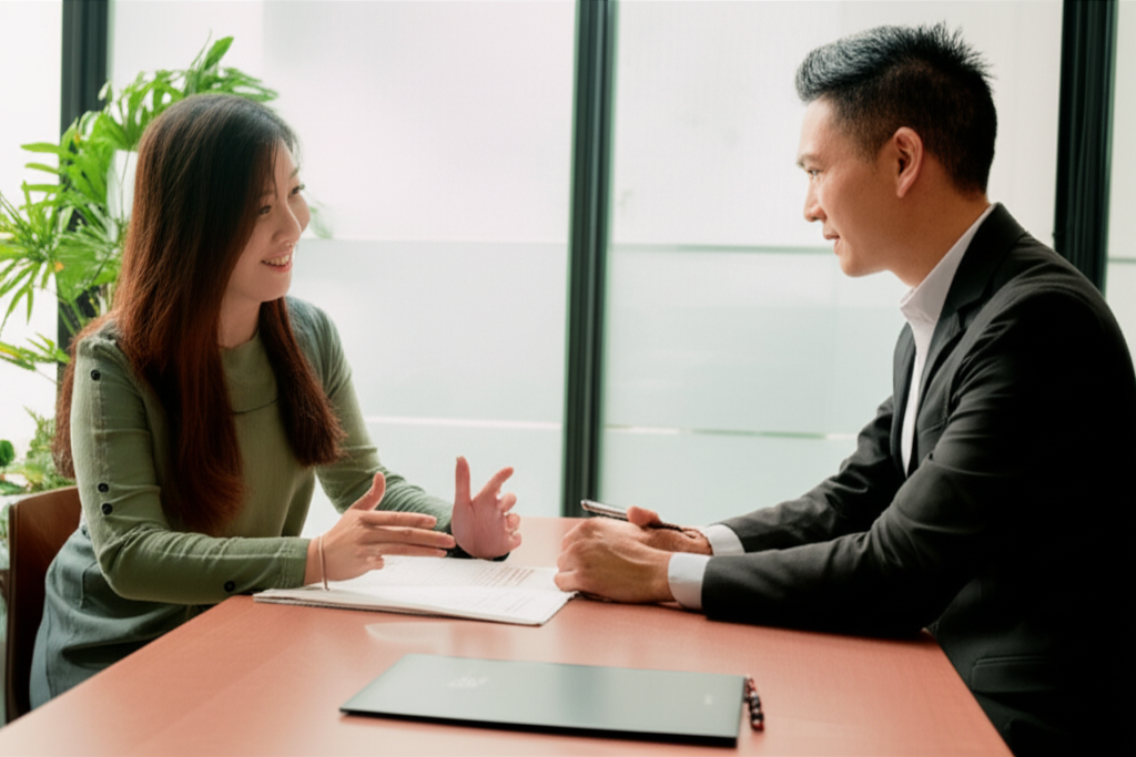 Professional photograph of an interview with an interior designer in Singapore. Natural lighting. Discussion-focused composition. Collaborative mood. No text or logos.