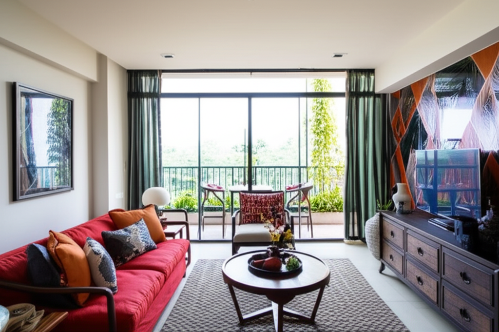 Professional photograph of a condo interior influenced by cultural elements in Singapore. Natural lighting. Artistic composition. Cultural vibe. No text or logos.