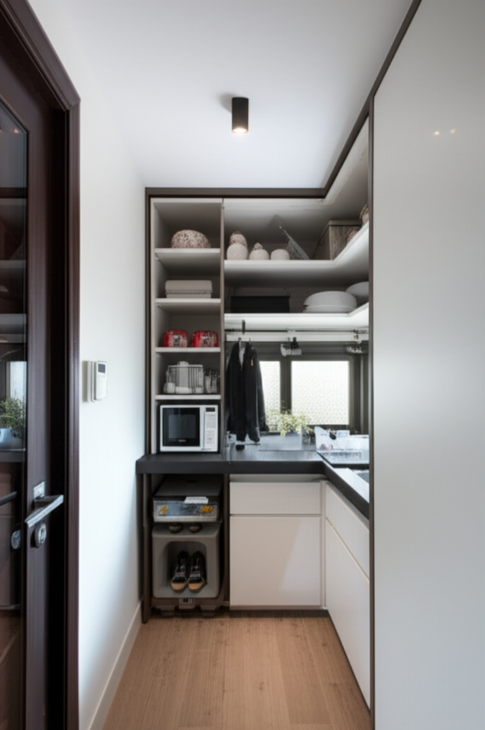 Professional photograph of innovative storage solutions in a small Singapore condo. Soft lighting. Organized composition. Efficient use of space. No text or logos.