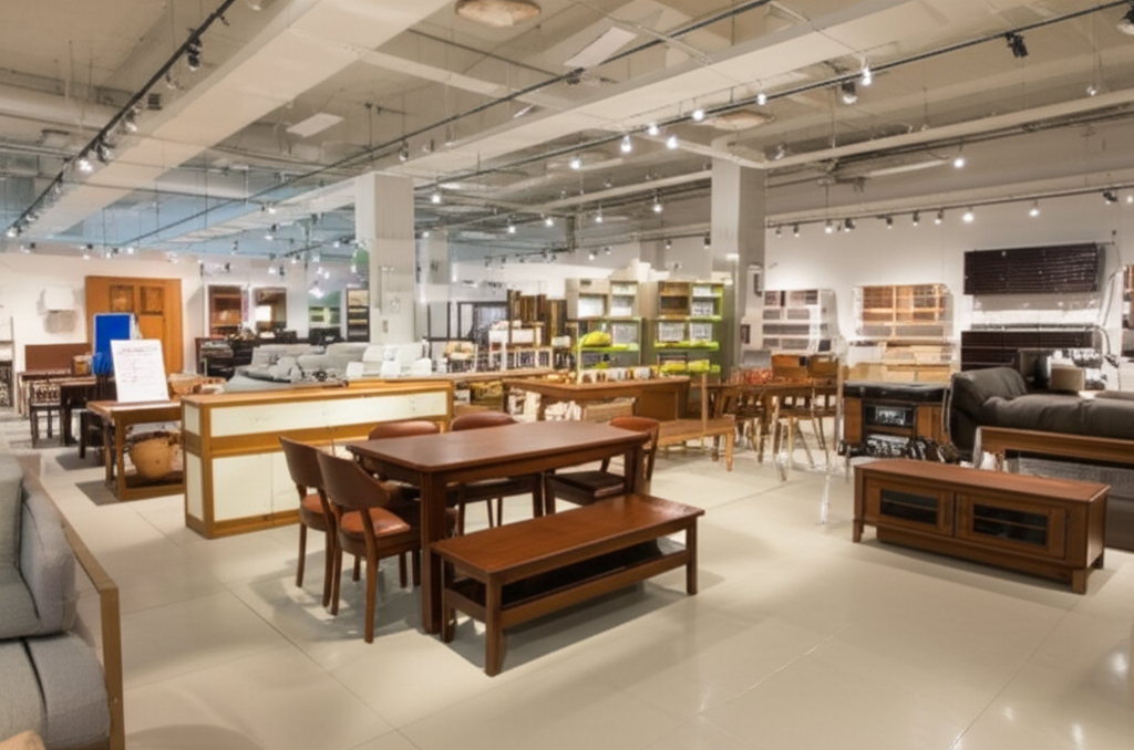 Professional photograph of a furniture store in Singapore showing local and imported options. Bright lighting. Side-by-side view. Elegant atmosphere. No text or logos.