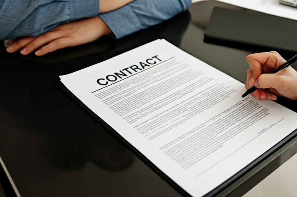 Professional photograph of a designer contract review in a Singapore condo. Soft lighting. Paperwork-focused composition. Formal setting. No text or logos.