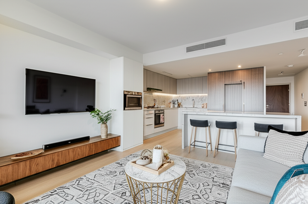 Professional photograph of a condo interior using trending materials and colors in Singapore. Soft lighting. Textural focus. Vibrant feel. No text or logos.