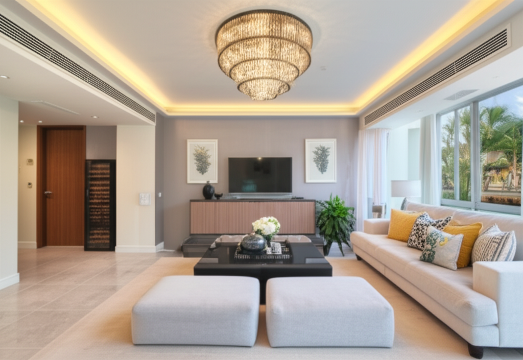 Professional photograph of a harmonious color scheme in a Singapore condo. Bright lighting. Symmetrical composition. Peaceful energy. No text or logos.