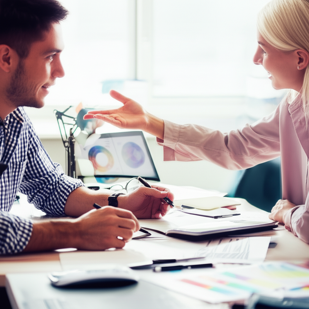 Professional photograph of a productive meeting between a designer and client in Singapore. Bright lighting. Interactive composition. Cooperative atmosphere. No text or logos.