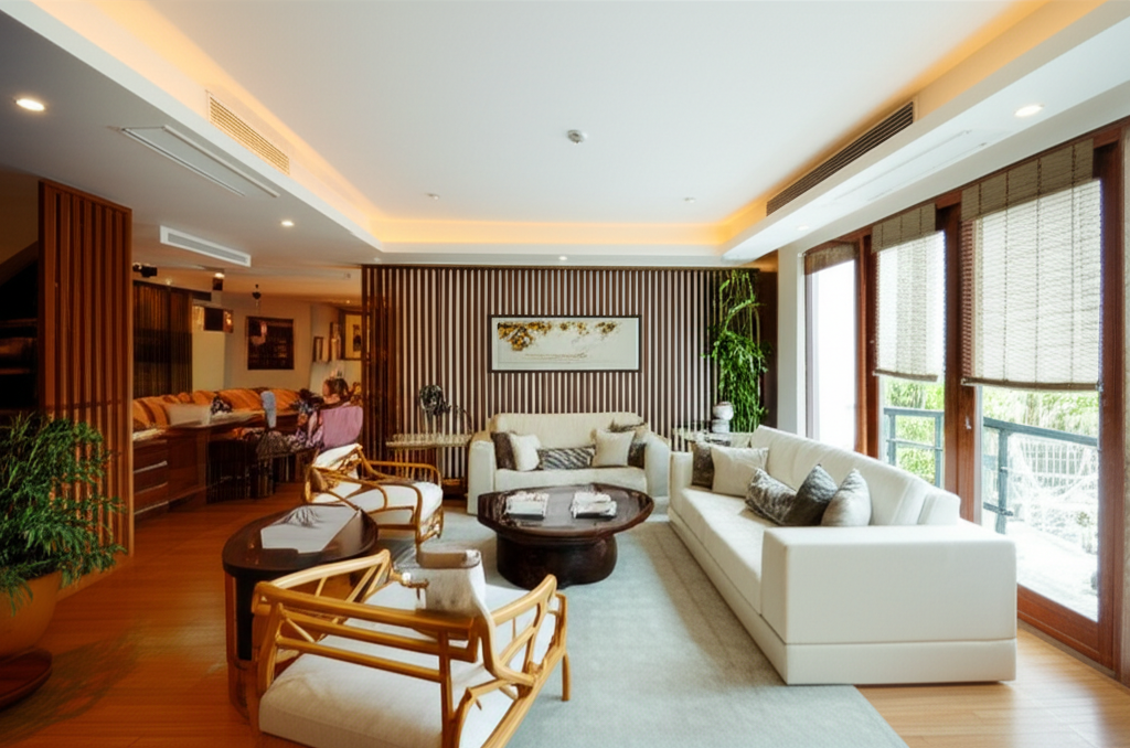 Professional photograph of a condo interior in Singapore blending traditional and modern styles. Natural lighting. Balanced composition. Harmonious atmosphere. No text or logos.