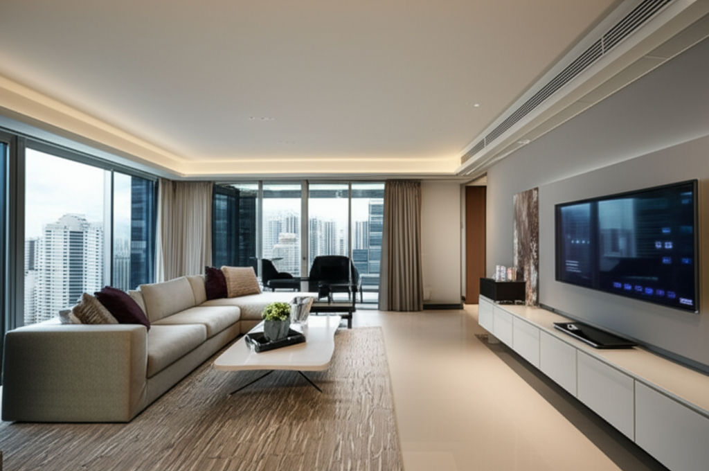 Professional photograph of a condo interior in Singapore with seamless technology integration. Soft lighting. Balanced composition. High-tech atmosphere. No text or logos.
