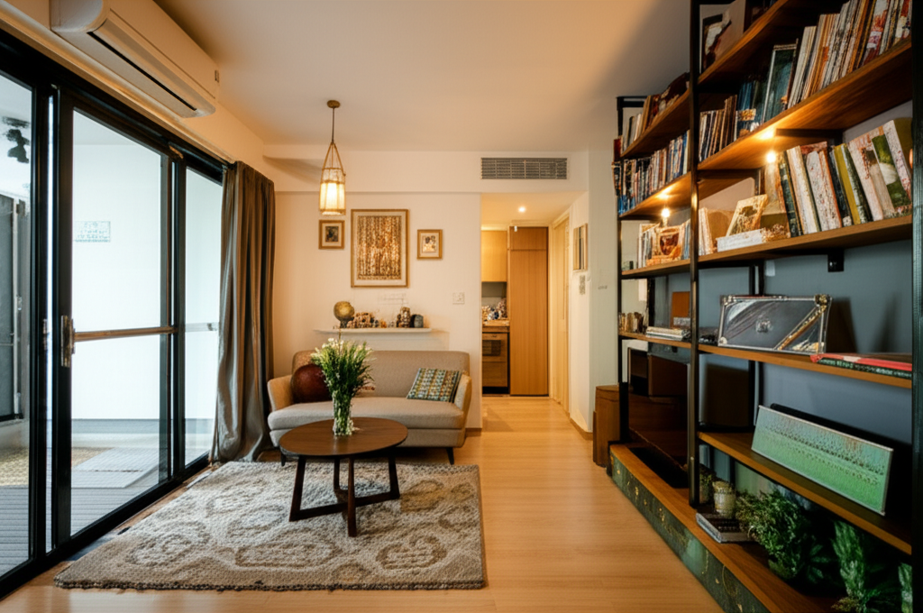 Professional photograph of a personalized condo interior in Singapore with DIY elements. Warm lighting. Intimate composition. Personalized atmosphere. No text or logos.